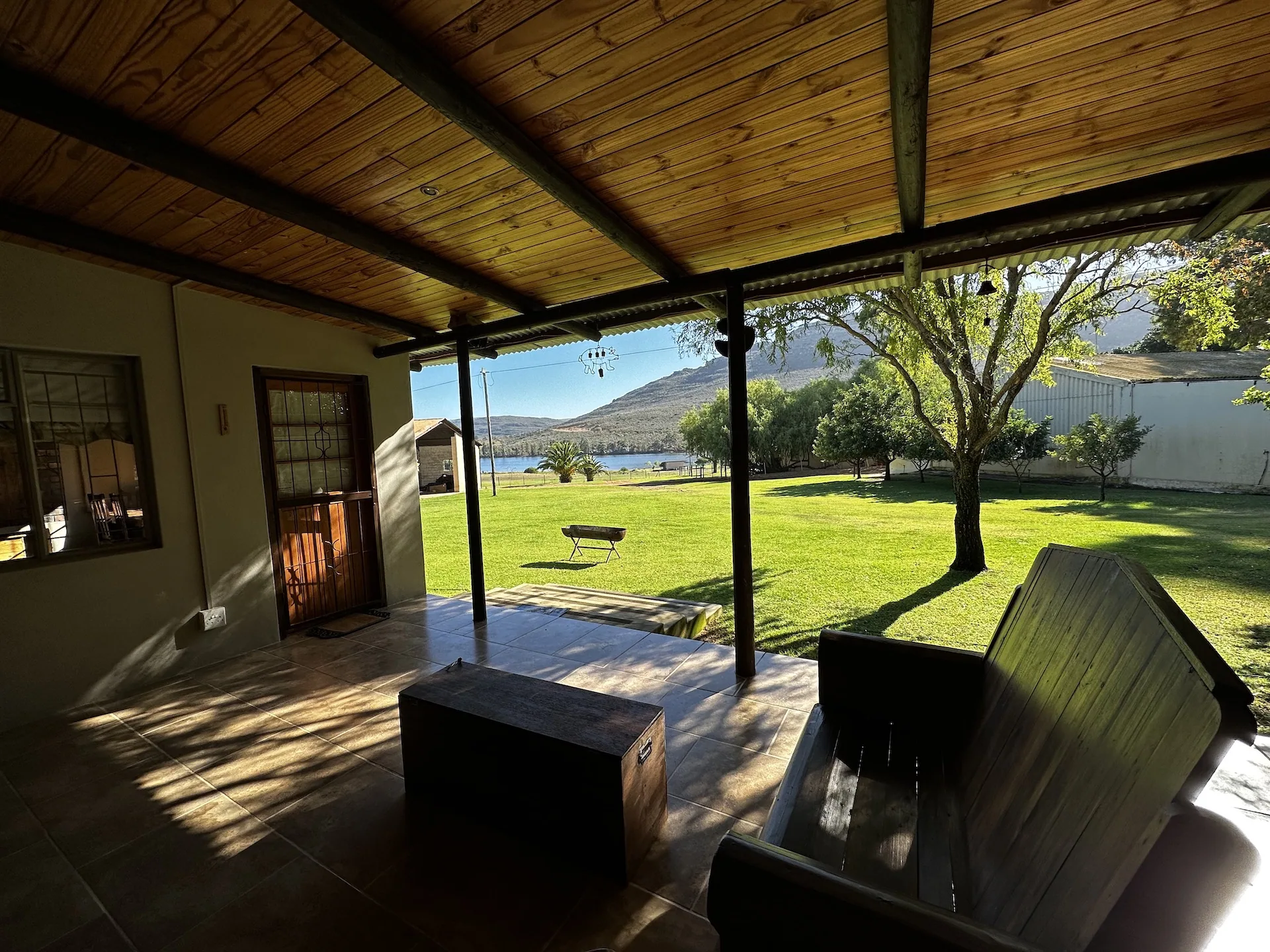 The stoep at Thys se Huis looking onto the lawn